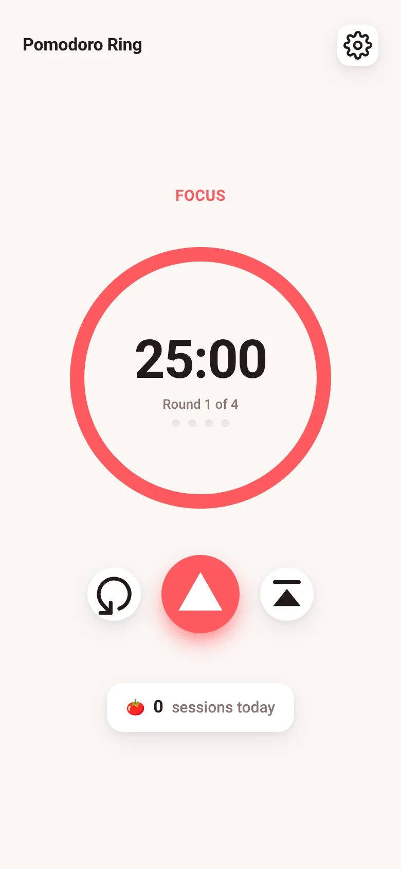 A circular progress ring in the center of the screen, nearly full, with the time 24:30 displayed in the middle. Below is the label Focus and Round 1 of 4. Three